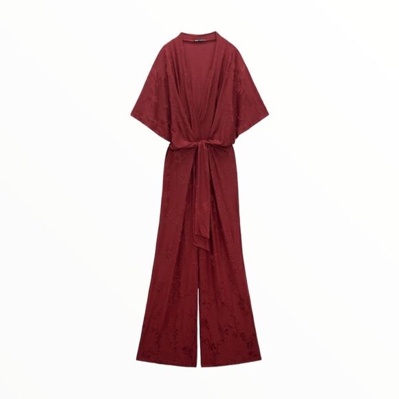 ZARA | Burgundy | SHORT SLEEVE JUMPSUIT WITH SURPLICE V-NECKLINE - Picture 2 of 15
